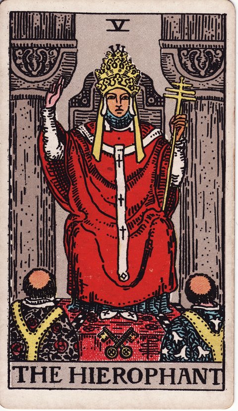 The Hierophant tarot card (Rider-Waite, 1909)