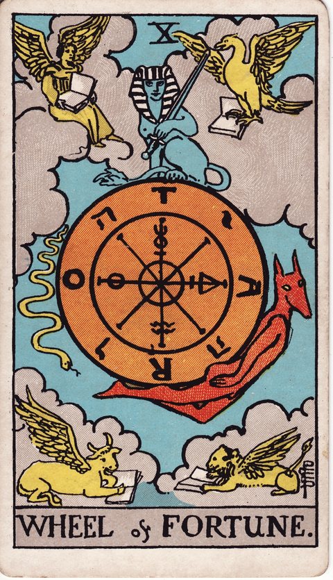 Wheel of Fortune tarot card (Rider-Waite, 1909)
